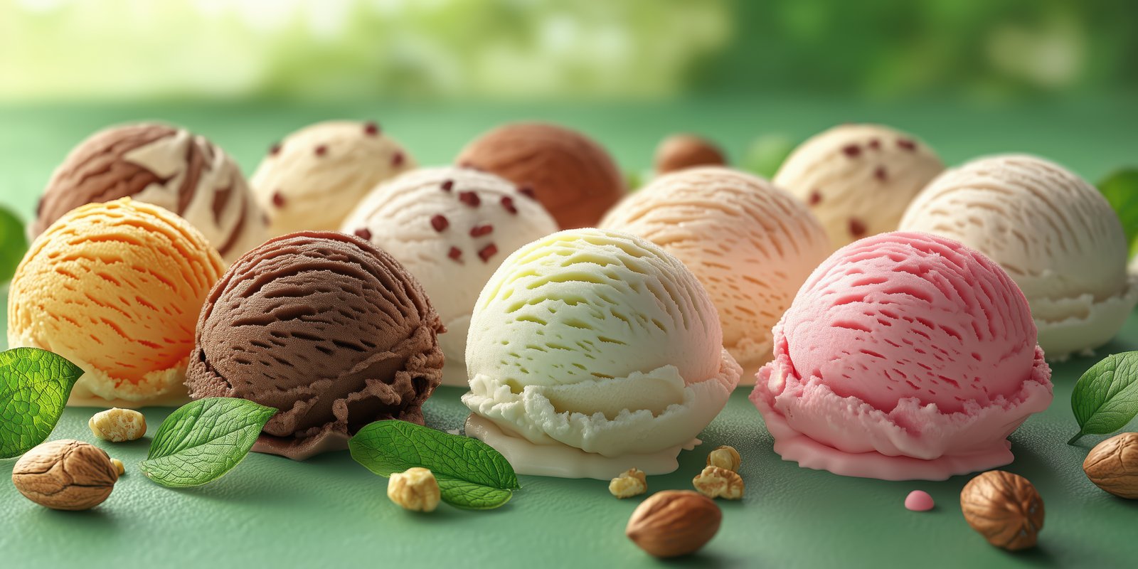Assorted ice cream scoops arranged artistically with fresh mint and nuts in a natural setting
